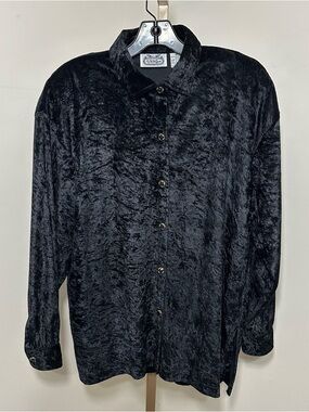 Vintage villager Black crushed Velvet Casual Button-Down Shirt w/ shoulder pads.